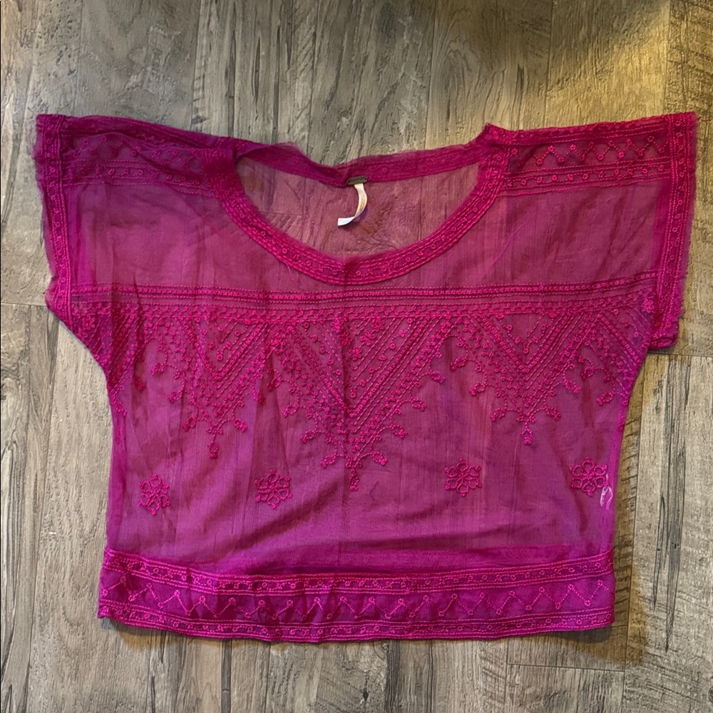 Free People Magenta Embroidered Sheer Blouse - Size S